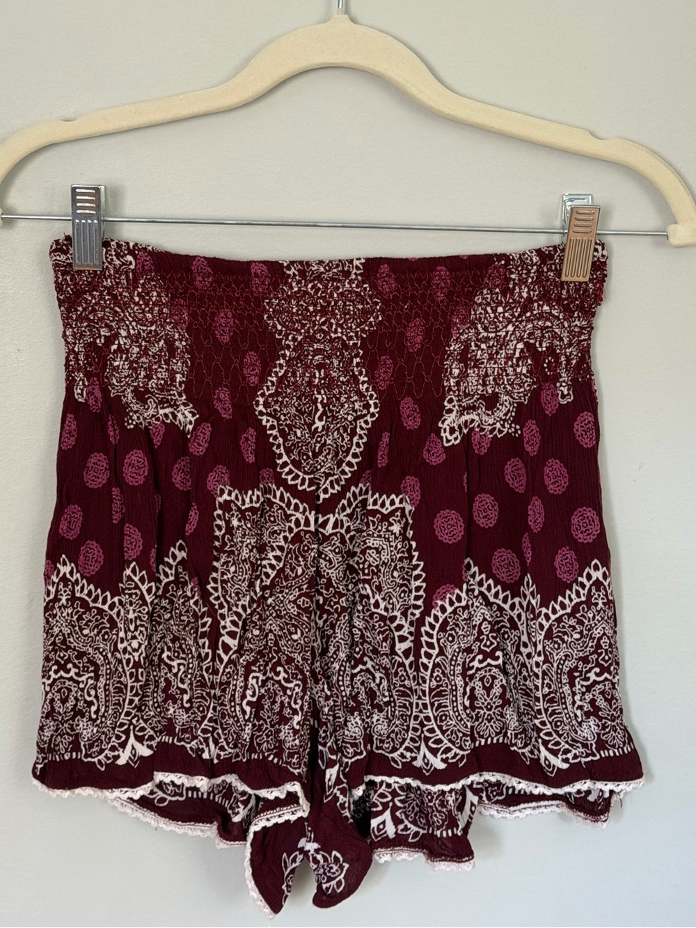 Altar'd State Burgundy and White Paisley High-Waist Shorts